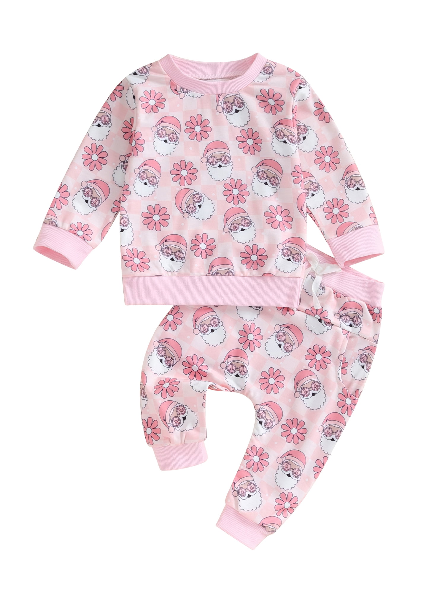 Kid Girls Pants Set, Santa Claus Gingerbread Man Tree Print Sweatshirt