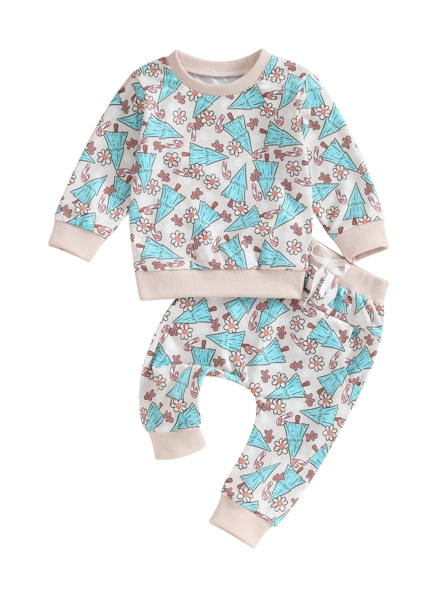 Kid Girls Pants Set, Santa Claus Gingerbread Man Tree Print Sweatshirt