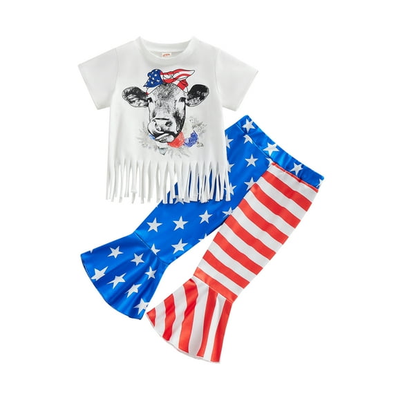 Kid Girls Pants Suit, Casual Street Short Sleeve Round Neck Tassels Tops + Bell-Bottoms Pants