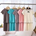 thumbnail image 1 of Kid Girls Ribbed Knit Summer Outfits Short Sleeve Lettuce Trim Crew Neck Casual Basic Tees Shirts with Wide Leg Pants Beige, 1 of 4