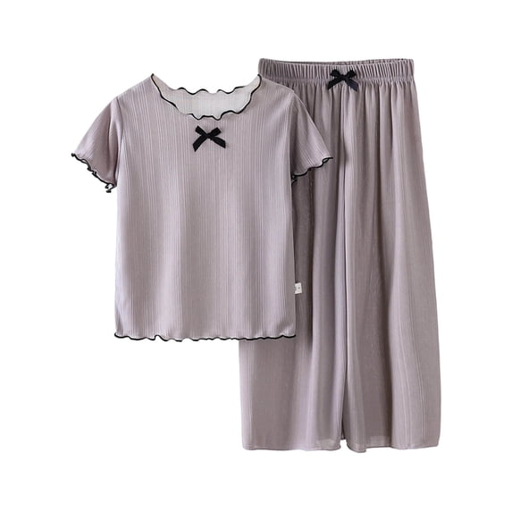 Kid Girls Ribbed Knit Summer Outfits Short Sleeve Lettuce Trim Crew Neck Casual Basic Tees Shirts with Wide Leg Pants Gray