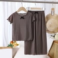 thumbnail image 1 of Kid Girls Ribbed Knit Summer Outfits Short Sleeve Lettuce Trim Crew Neck Casual Basic Tees Shirts with Wide Leg Pants Gray, 1 of 3