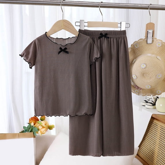 Kid Girls Ribbed Knit Summer Outfits Short Sleeve Lettuce Trim Crew Neck Casual Basic Tees Shirts with Wide Leg Pants Gray