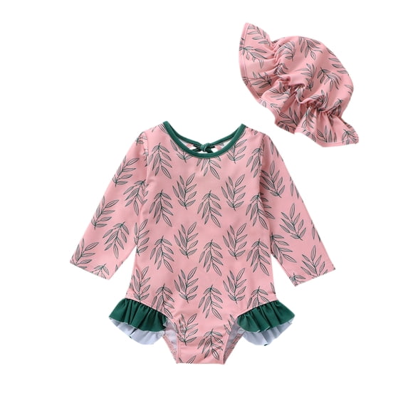 Kid Girls Romper Swimsuit, Long Sleeve Round Neck Floral / Leaf Beach Pool Bodysuit Swimwear Short Romper + Hat