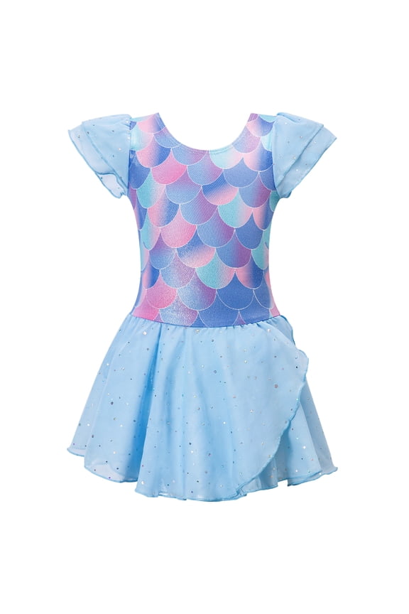 Kid Girls Ruffle Sleeve Ballet Skirted Leotard Mermaid Gymnastic Skirt Stage Practice Dance Costume