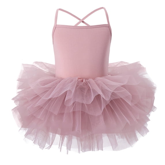 Kid Girls Ruffle Sleeve Ballet Skirted Leotard Shiny Dance Back Cross Tutu Dresses Pink L-120