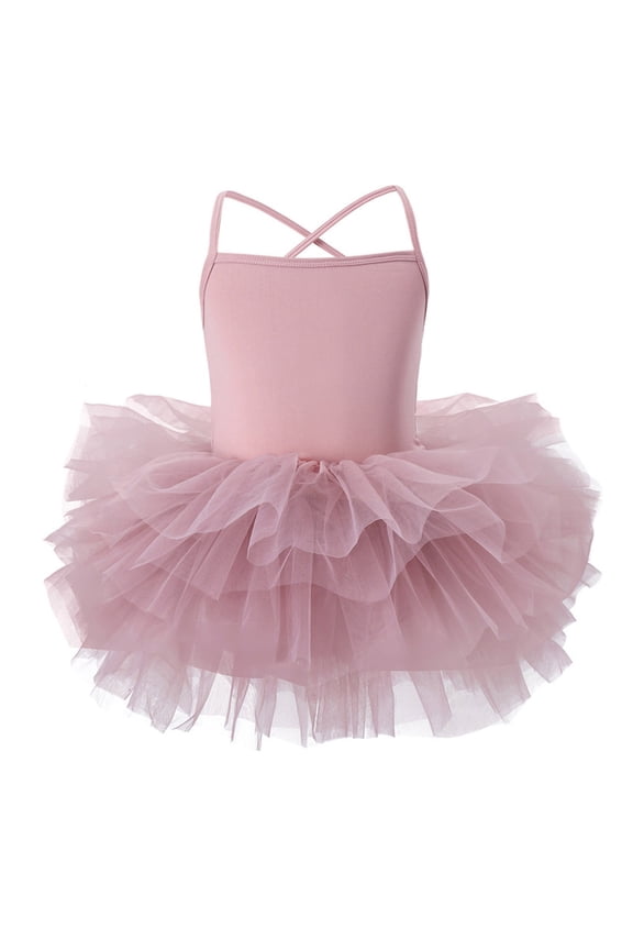 Kid Girls Ruffle Sleeve Ballet Skirted Leotard Shiny Dance Back Cross Tutu Dresses Pink L-120