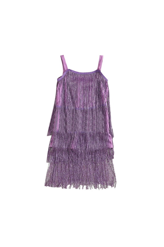 Kid Girls Sequin Fringe Dress Sleeveless Dance Twirly Tassel Dresses Sparkly Latin Dress Concert Outfit Gift Children