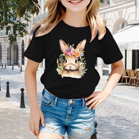 Kid Girls Short Sleeve T Shirts Easter Outfit Cute Bunny Printed Fashion Tops Tees Clothes For Girls 6-8 Years