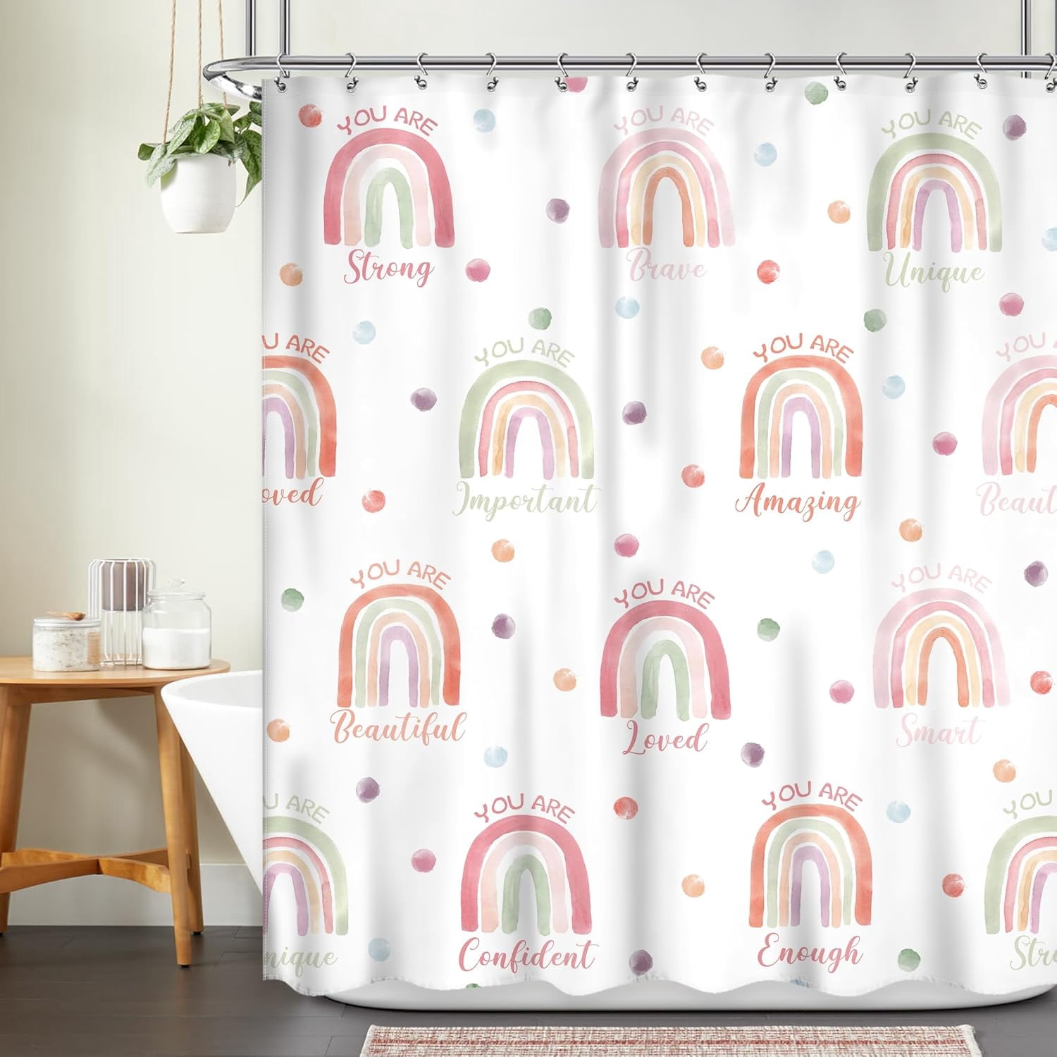 Kid Girls Shower Curtain, Boho Rainbow Cute Inspirational Quote Shower Curtain, Watercolor Pink Lovely Polka Dot You are 72Wx72L Inch Bathroom Set Bath Curtain Bathtub Accessories Home Decor