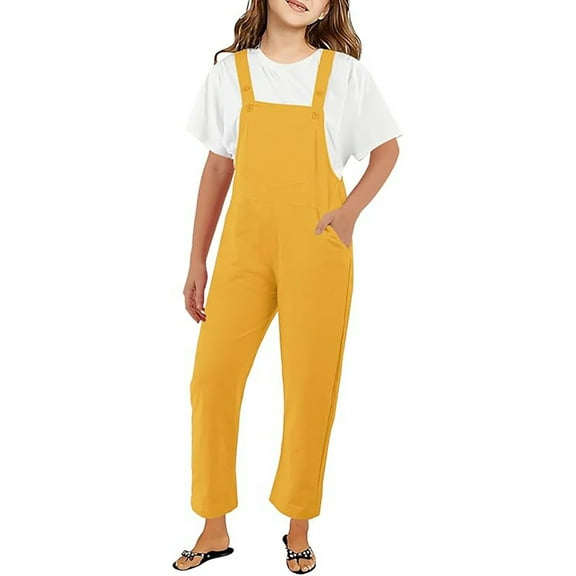 Kid Girls Summer Jumpsuits Casual School Romper Yellow Overalls with Side Pockets Spring Summer Romper Tween Girls Trendy Stuff 7-8 Years