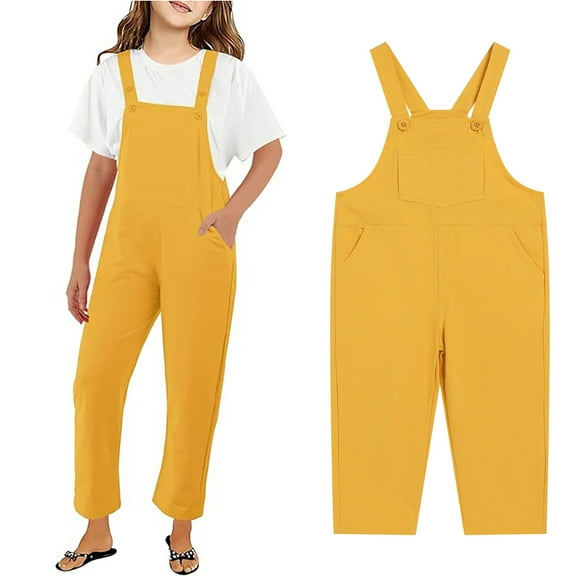 Kid Girls Summer Jumpsuits Comfortable Yellow Overalls with Side Pockets for Everyday Wear Girls Summer Clothes 7-8 Years