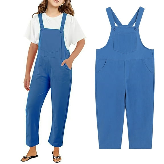 Kid Girls Summer Jumpsuits Stylish Blue Overalls with Side Pockets Spring Fall Romper Jumpsuits Rompers for Girls 7-8 Years