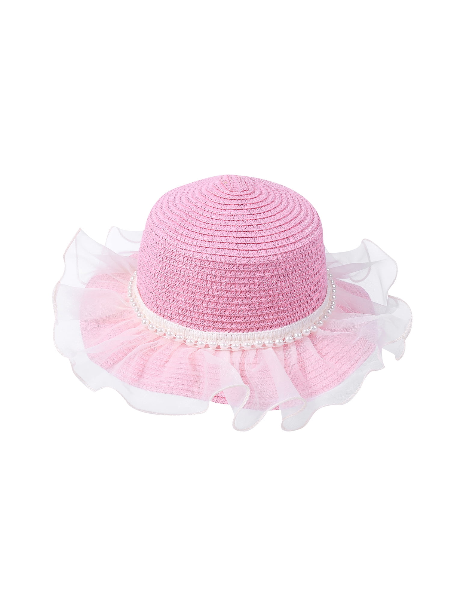 Kid Girls Sun Hat Wide Brim Tulle Layer Pearls Beach Bucket Cap Sun