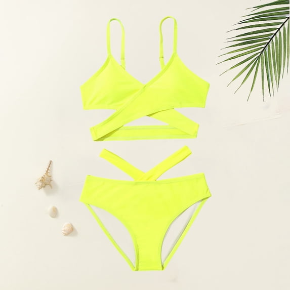 Kid Girls Swimsuit 2 Piece Beach Bikini Bathing Suit Criss Cross Teen Bathing Suits 9-10 Years