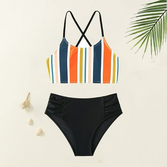 Kid Girls Swimsuit 2 Piece Cute Tankini Swimsuits Stripe Printed Kids Bathing Suits 9-10 Years