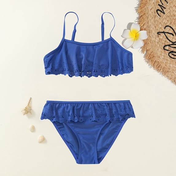 Kid Girls Swimsuit 2 Piece Tankini Swimsuit Solid Color Bathing Suit For Girls 9-10 Years