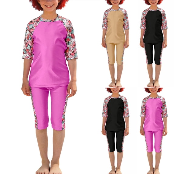 SROBPTY Kid Girls Swimsuit Set Print Short Sleeve Top with Capris Pants 3 Piece Bathing Suits for 0-13 Years