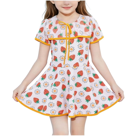 SROBPTY Kid Girls Swimsuit Set Print Short Sleeve Top Skirt Shorts 2 Piece Bathing Suits for 3-13 Years