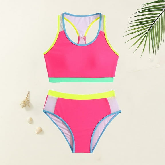 Kid Girls Swimsuits 2 Piece Beach Bikini Swimsuit Color Block Bathing Suit For Girls 9-10 Years