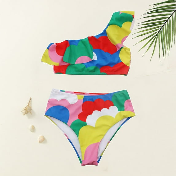 Kid Girls Swimsuit 2 Piece Cute Tankini Bathing Suit Colorful Cloud Print One Shoulder Bathing Suit For Teens 8-9 Years