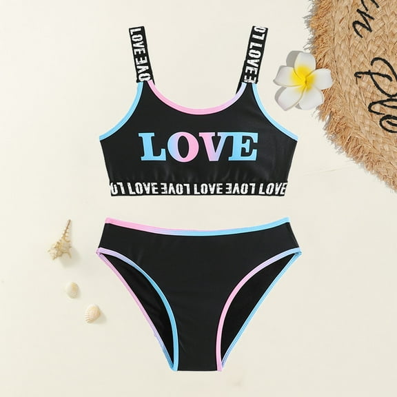 Kid Girls Swimsuits 2 Piece Cute Bikini Bathing Suit Letter Printed Teen Bathing Suit 7-8 Years