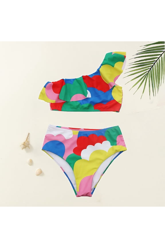 Kid Girls Swimsuits 2 Piece Tankini Swimsuits Colorful Cloud Print One Shoulder Kids Bathing Suits 5-6 Years