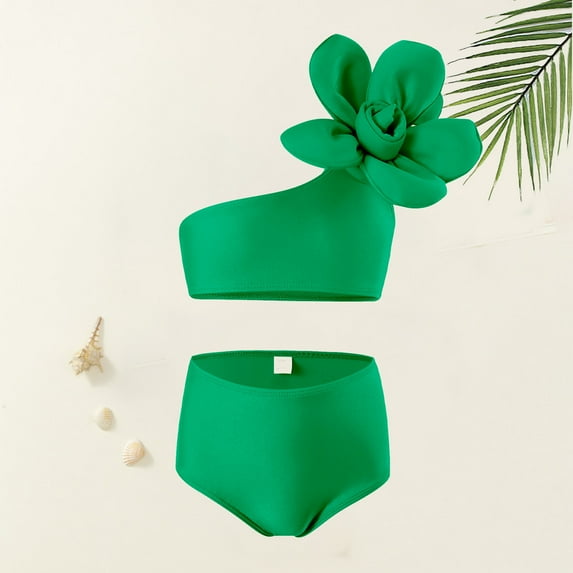 Kid Girls Swimsuits 2 Piece Tankini Swimsuits Soild Flowers Bathing Suit Girls 6-8 Years