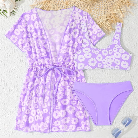 Kid Girls Swimsuits Set 3 Piece Tankini Swimsuit Set With Cover up Bathing Suits For Girls 8-10 Years