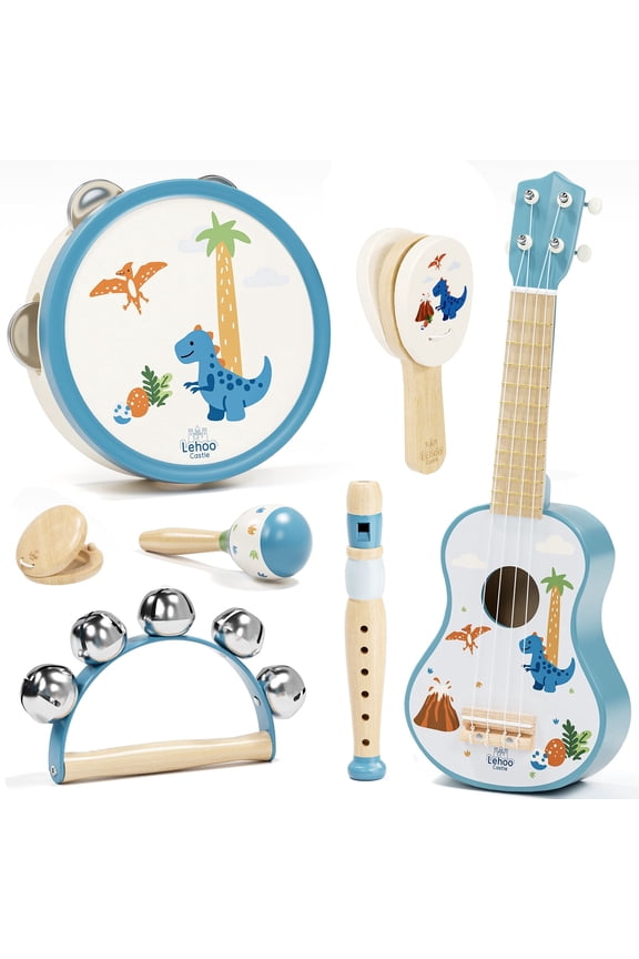 Kid Guitar Set, Musical Instruments for Kids, 7 in 1 Dinosaur Music Toys, Band Sets with Ukulele Flute Tambourine Maracas... Montessori Toys for Kids 2+ Year Old Boy, Education Preschool Toys Gift
