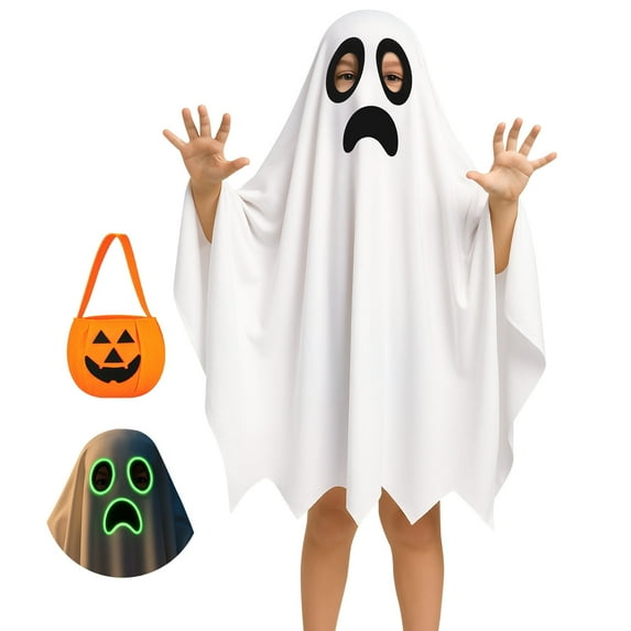 Kid Halloween Costume Boy Girl Ghost Smile Cape Cloak Hoodie with Bag Cosplay Outfits 3-14 Years