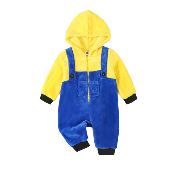 Kid Halloween Minion Costume Fleece Hooded Jumpsuit Long Sleeve Full Length Zipper Romper for Fall Winter