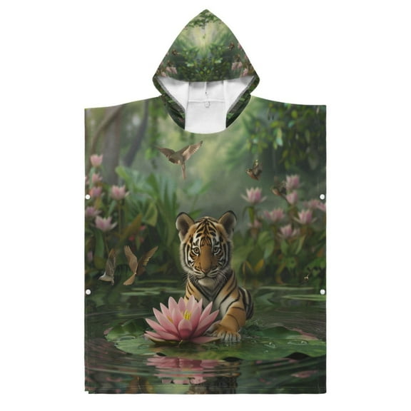 Kid Hooded Beach Towel Bath Poncho Towels Soft Absorbent Quick Dry for Boy Girl Baby Tiger Sits on Leaf S