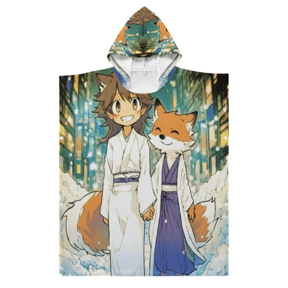 Kid Hooded Beach Towel Bath Poncho Towels Soft Absorbent Quick Dry for Boy Girl Cartoon Fox on Street S