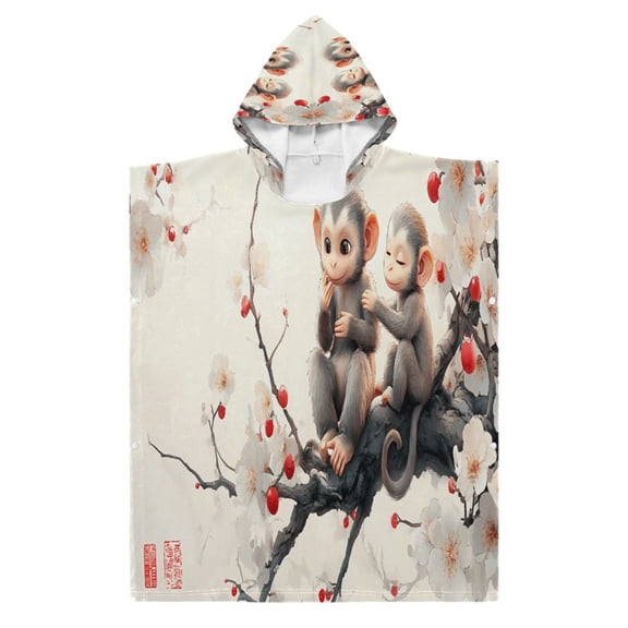 Kid Hooded Beach Towel Bath Poncho Towels Soft Absorbent Quick Dry for Boy Girl Cute Monkeys on Flower Branch S