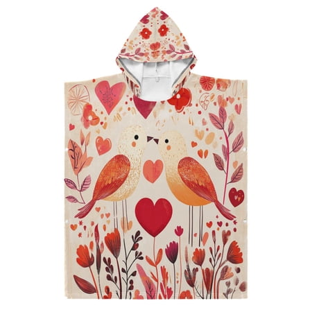 Kid Hooded Beach Towel Bath Poncho Towels Soft Absorbent Quick Dry for Boy Girl Lovebirds with Flowers Vines Hearts S