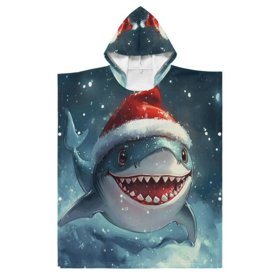 Kid Hooded Beach Towel Bath Poncho Towels Soft Absorbent Quick Dry for Boy Girl Shark with Christmas Hat S