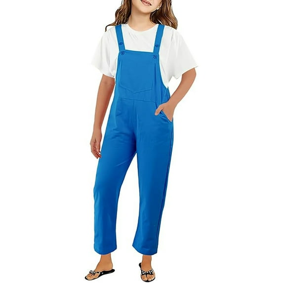 Kid Jumpsuit for Girls Casual School Romper Blue Overalls with Side Pockets Spring Fall Romper Girls Clothes Size 7-8 Years