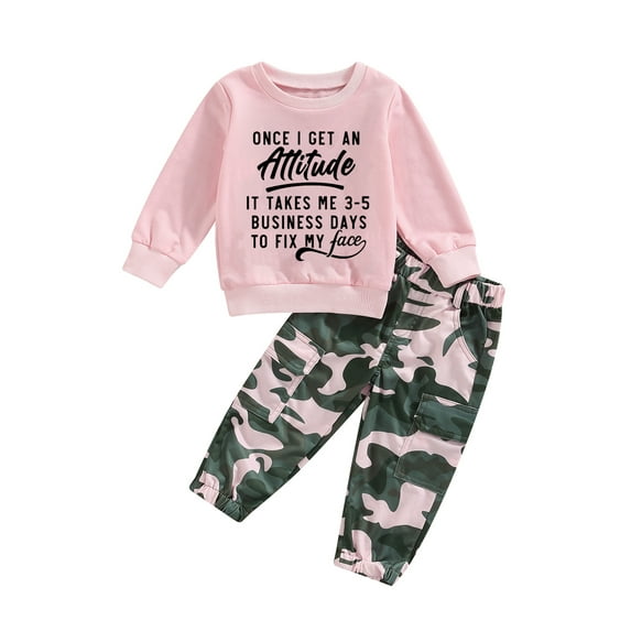 Kid Little Girls Camouflage Pants Clothing Set, 12 24 Months 2T 3T 4T 5T 6T Long Sleeve Letters Print Sweatshirt with Sweatpants Outfits