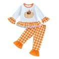 thumbnail image 1 of Kid Little Girls Thanksgiving Pants Clothes Set, 12M 18M 24M 2T 3T 4T 5T 6T Long Sleeve Pumpkin/Turkey Print T-shirt with Plaid, 1 of 9