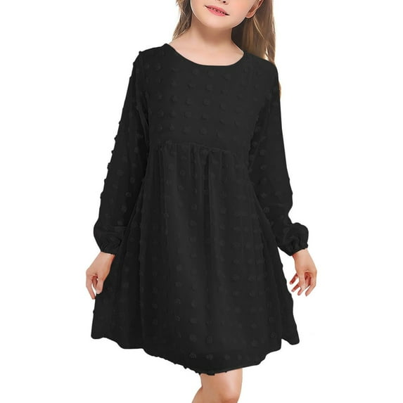 Kid Long Sleeves Long Dress Ruffled Hem Neck Cute Skirt For Girls