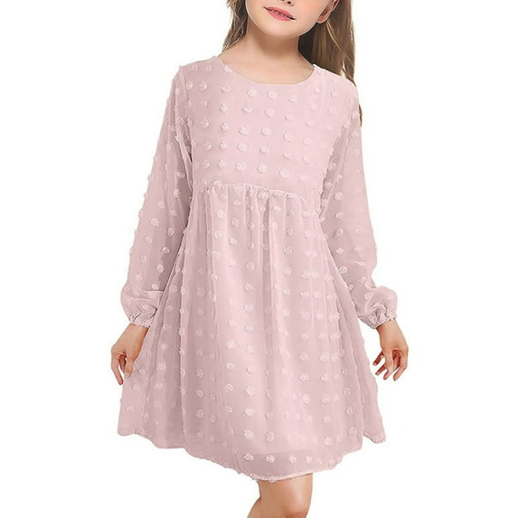 Kid Long Sleeves Long Dress Ruffled Hem Neck Cute Skirt For Girls