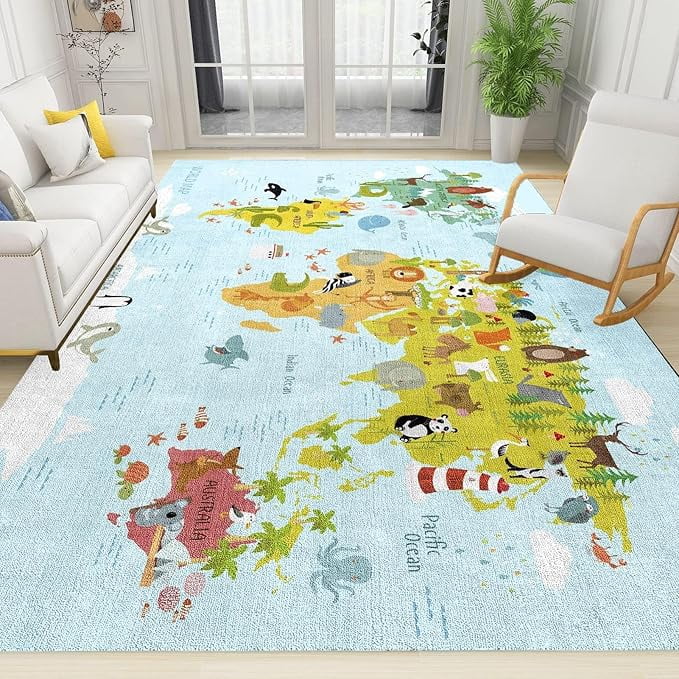 Kid Map Area Rug, World Map Print Rugs, Soft Non-Slip And Stain ...