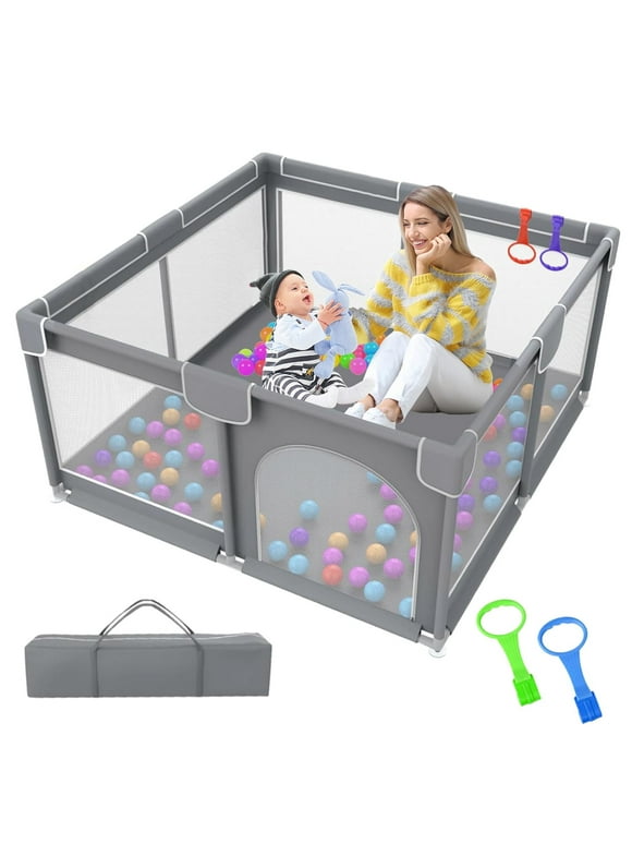Kid Odyssey Baby Playpen for Babies and Toddlers, 50x50x27" Large Baby Playard, Infant Activity Center with Gate, Anti-Slip Base and Soft Breathable Mesh, Gray