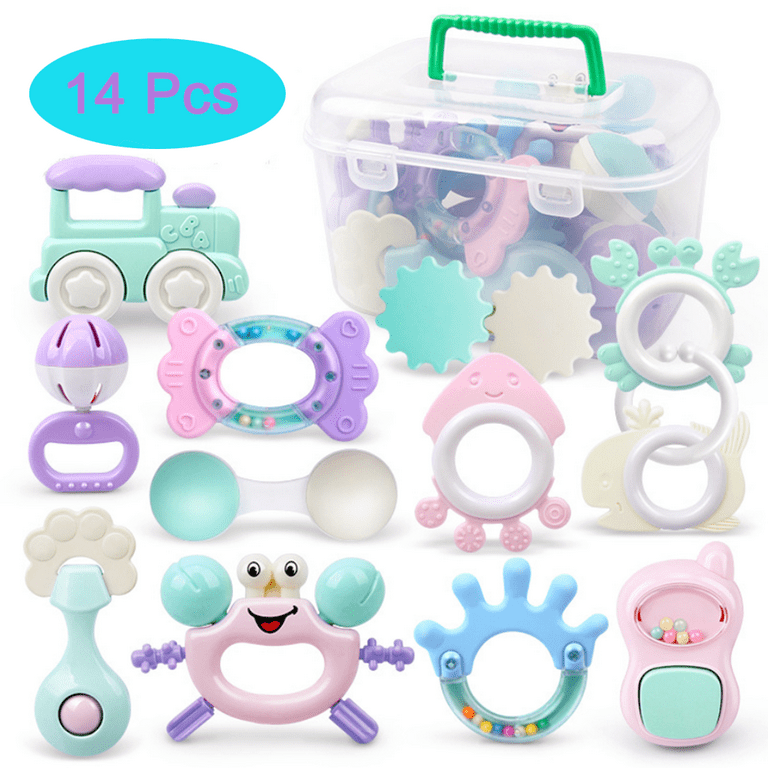 Kid Odyssey Baby Rattle Sets, 14Pcs Teether Toys with Storage Box for Babies  0-6-12 Months, Infant Toys for Girl and Boy, Newborn Gifts 