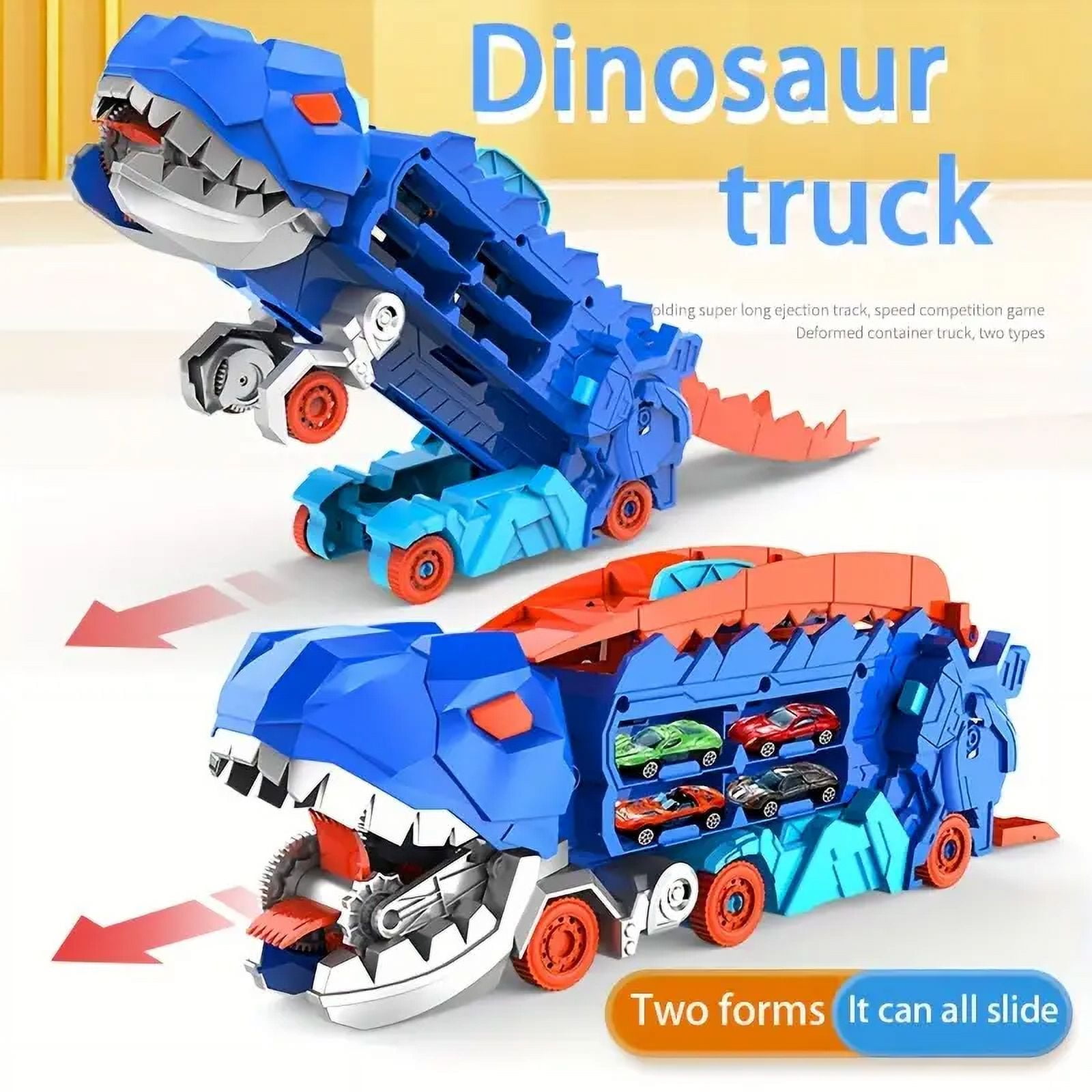 Kid Odyssey Dinosaur Storage Truck Toy Swallowing Metal Car Transform into Stomping T-Rex with Sliding Cars Race Track Transporter Hauler Toddler Toys Gifts for kids (4 Metal cars