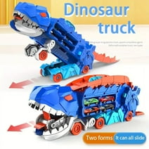 Kid Odyssey Dinosaur Storage Truck Toy Swallowing Metal Car Transform into Stomping T-Rex with Sliding Cars Race Track Ultimate Transporter Hauler Toddler Toys Gifts for kids (4 Metal cars）