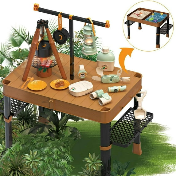 Kid Odyssey Foldable Kids Sand Table with 34 Pcs Camping Set, Brown Beach