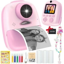 Kid Odyssey Instant Print Camera for Kids, 1080P Dual-Lens Kids Digital Cameras - Kids Camera for 3-12 Years Girls Gifts, Includes 3 Rolls of Photo Paper, 5 Color Pens, 32GB Card, Beautiful Pendant