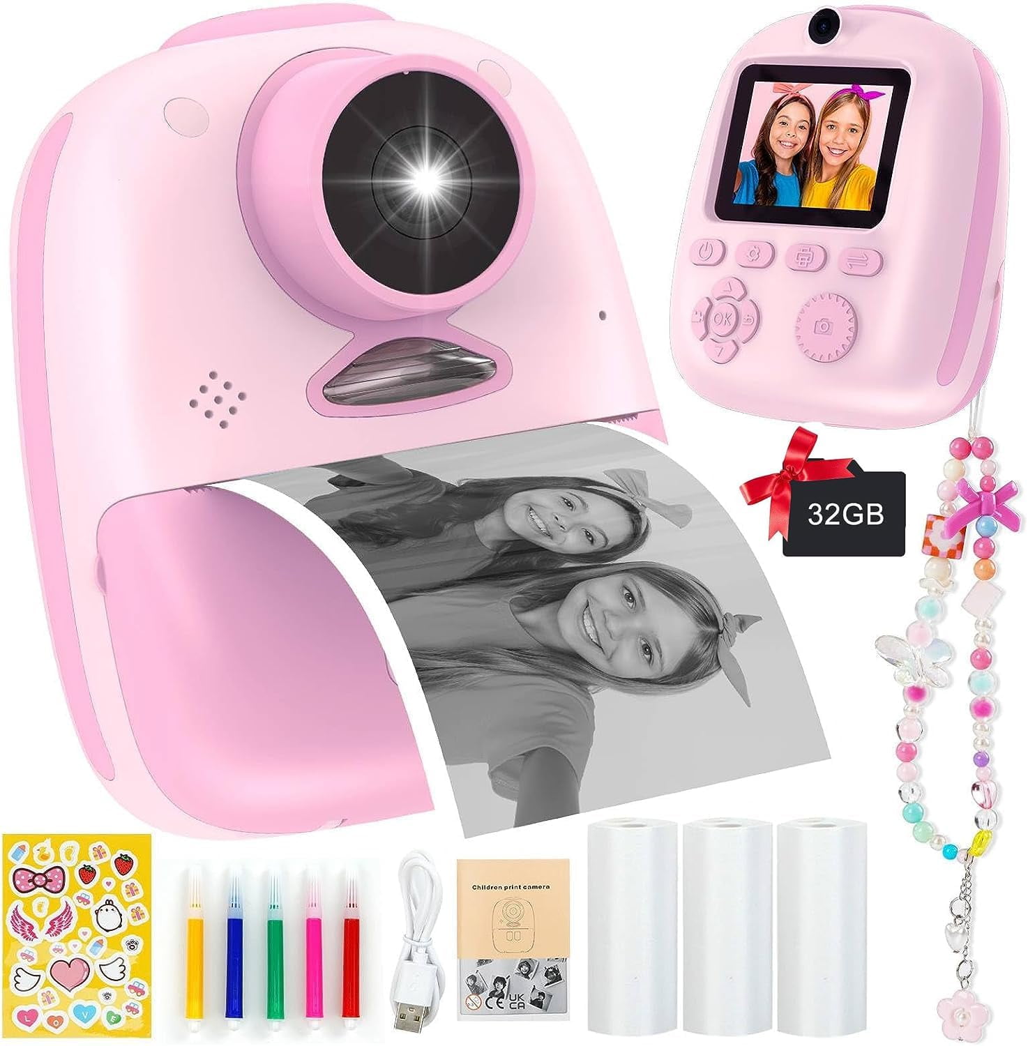 Kid Odyssey Instant Print Camera for Kids, 1080P Dual-Lens Kids Digital Cameras - Kids Camera for 3-12 Years Girls Gifts, Includes 3 Rolls of Photo Paper, 5 Color Pens, 32GB Card, Beautiful Pendant